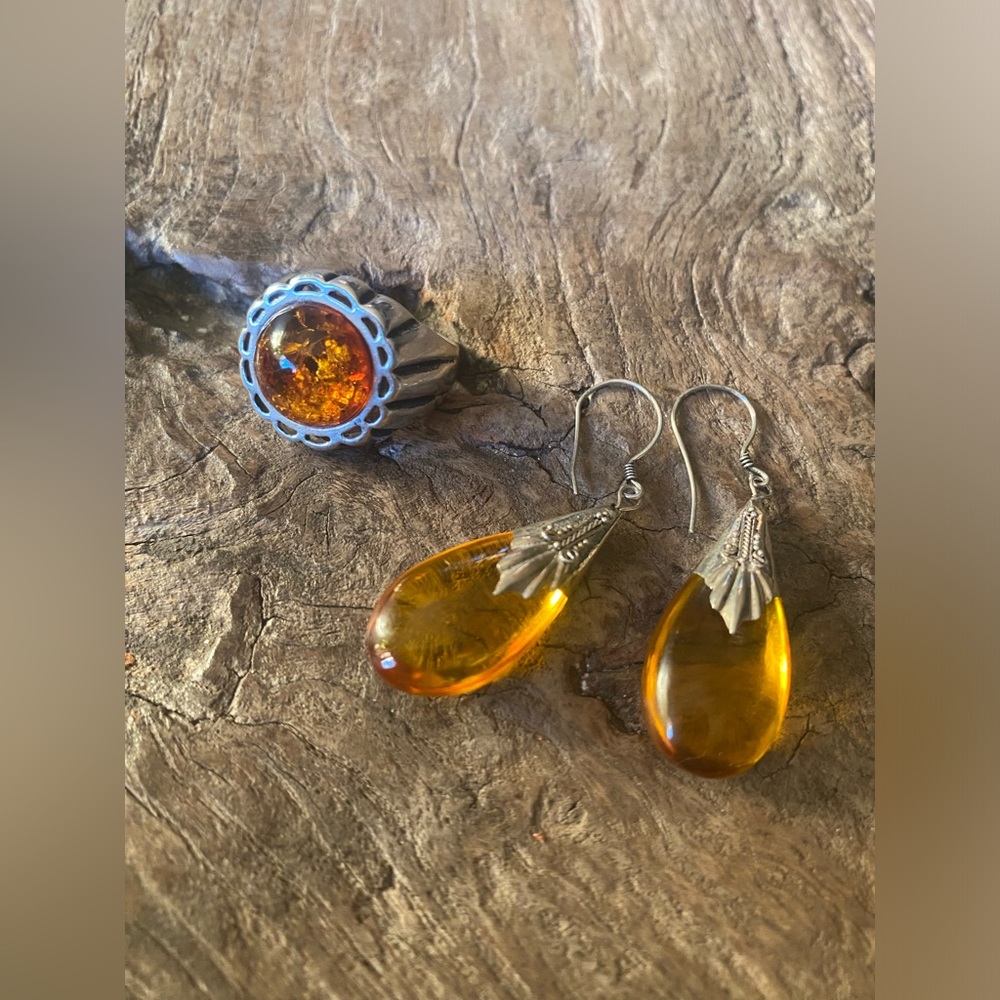 Cognac Amber Silver Ring and Teardrop Silver Filigree Earrings